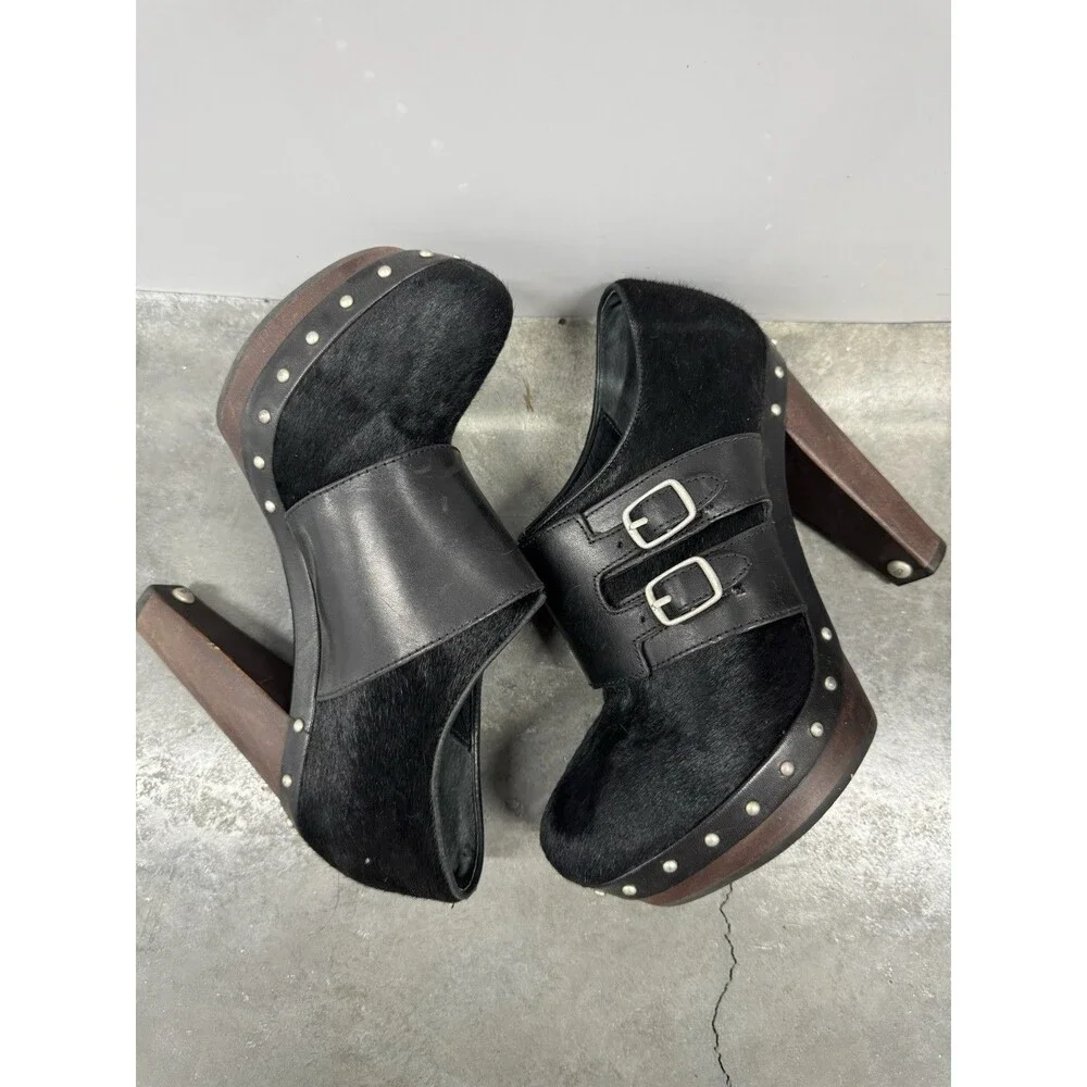 UGG Illana Black Pony Hair Platform High Heel Studded Sherpa Booties Heels   8.5